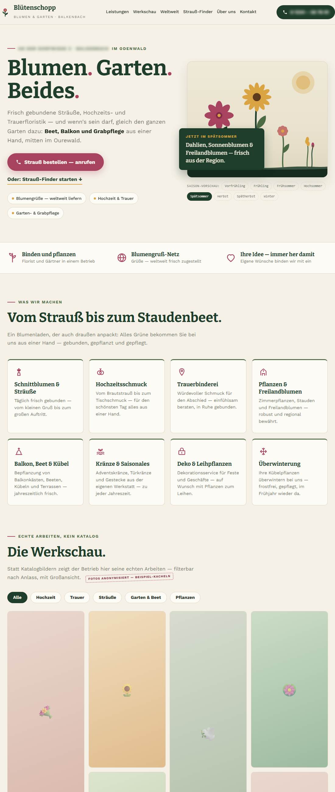 Vorschau des Floristik-Konzepts: wachsender Saison-Garten im Hero und Leistungskarten