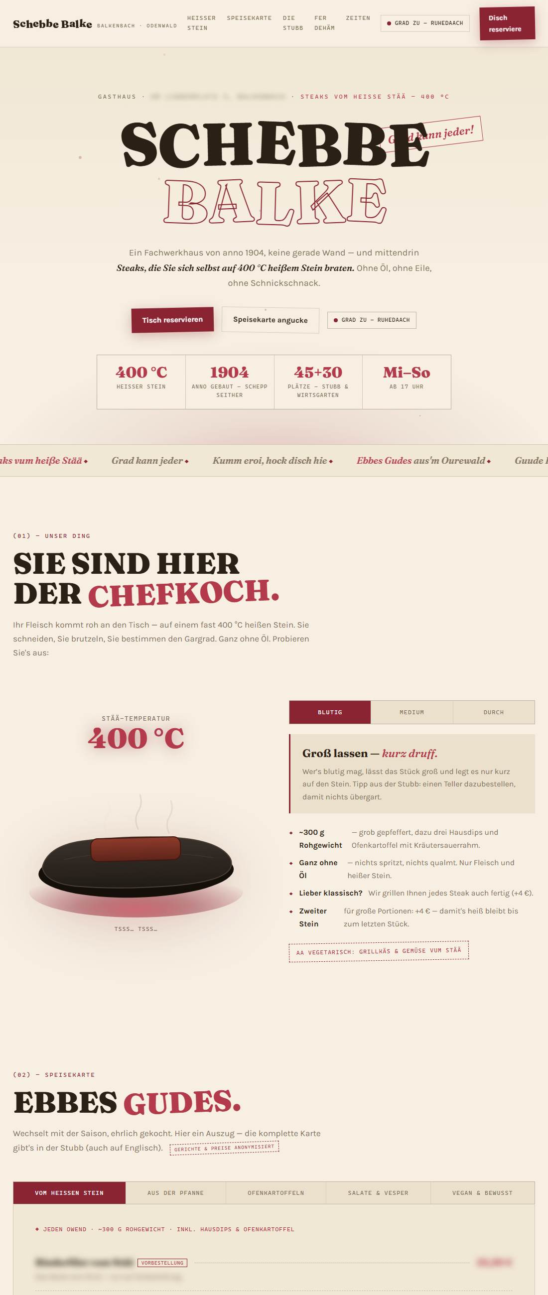 Vorschau des Gastronomie-Konzepts: schiefe Hero-Typografie und interaktiver Heißer-Stein-Bereich