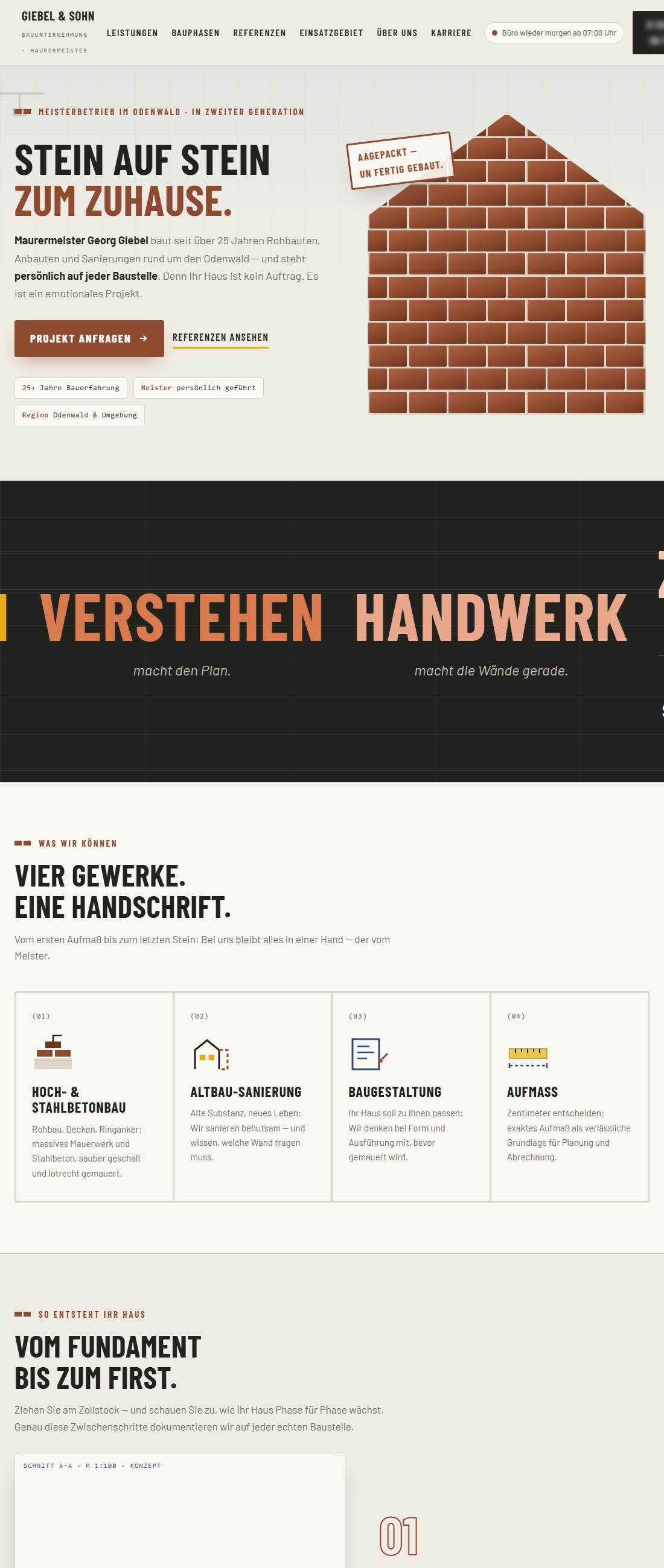 Vorschau des Handwerk-Konzepts: selbstmauernde Ziegelwand im Hero und Leistungsraster